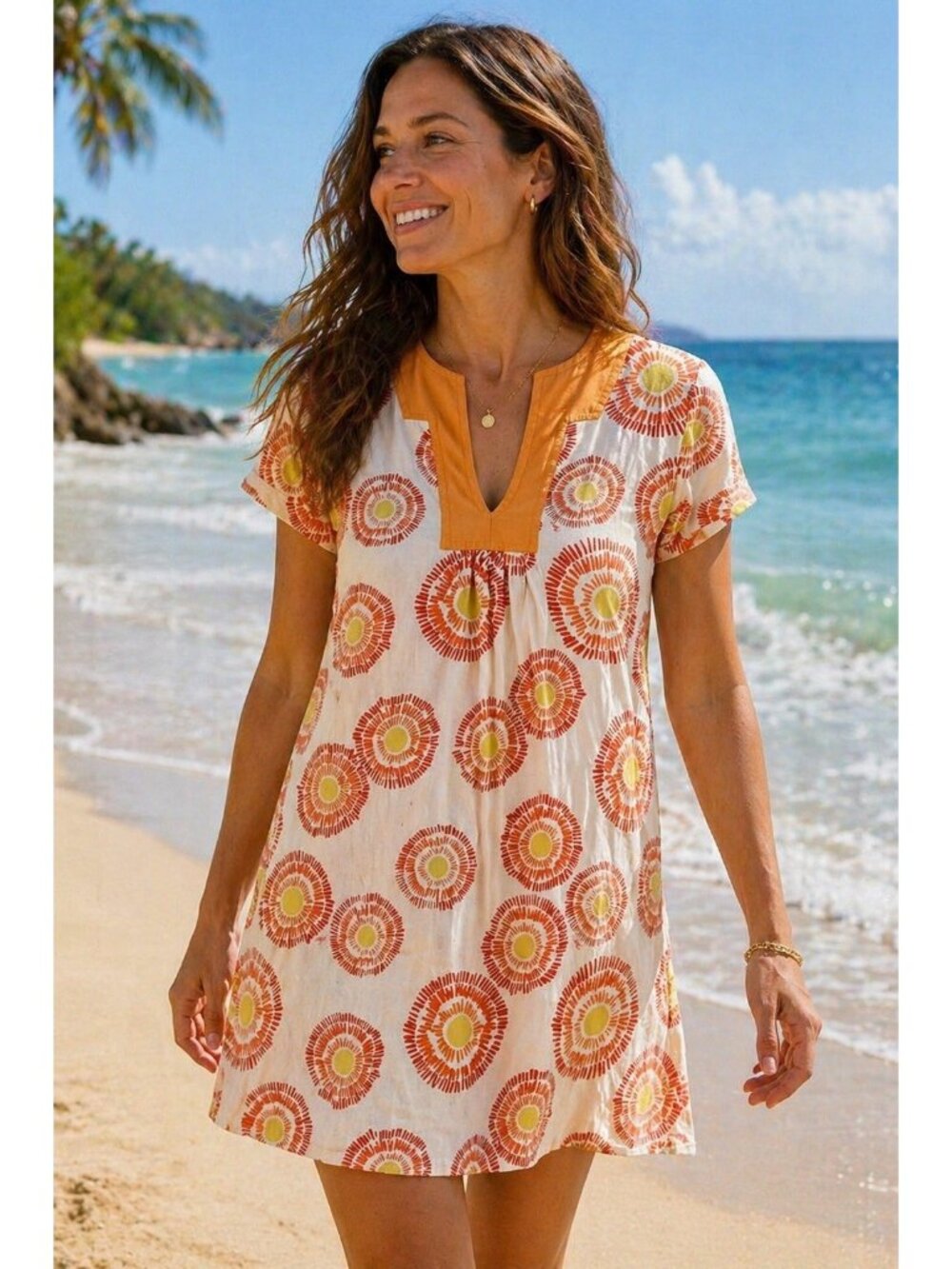 Trina Turk Mini Dress Size 8 Silk Cotton Orange Yellow Sunburst